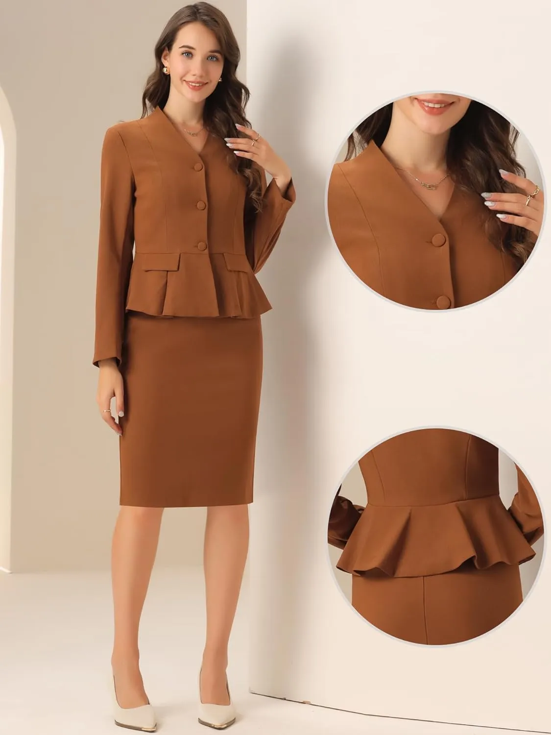Allegra K Business Suit Sets for Women's 2 Piece Outfits Collarless Peplum Blazer Formal Pencil Skirt Suit