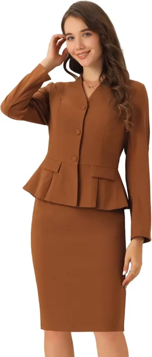 Allegra K Business Suit Sets for Women's 2 Piece Outfits Collarless Peplum Blazer Formal Pencil Skirt Suit