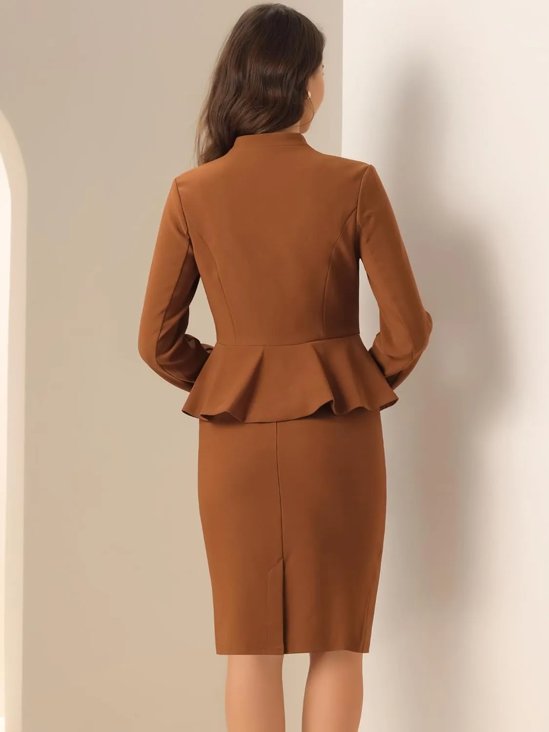 Allegra K Business Suit Sets for Women's 2 Piece Outfits Collarless Peplum Blazer Formal Pencil Skirt Suit
