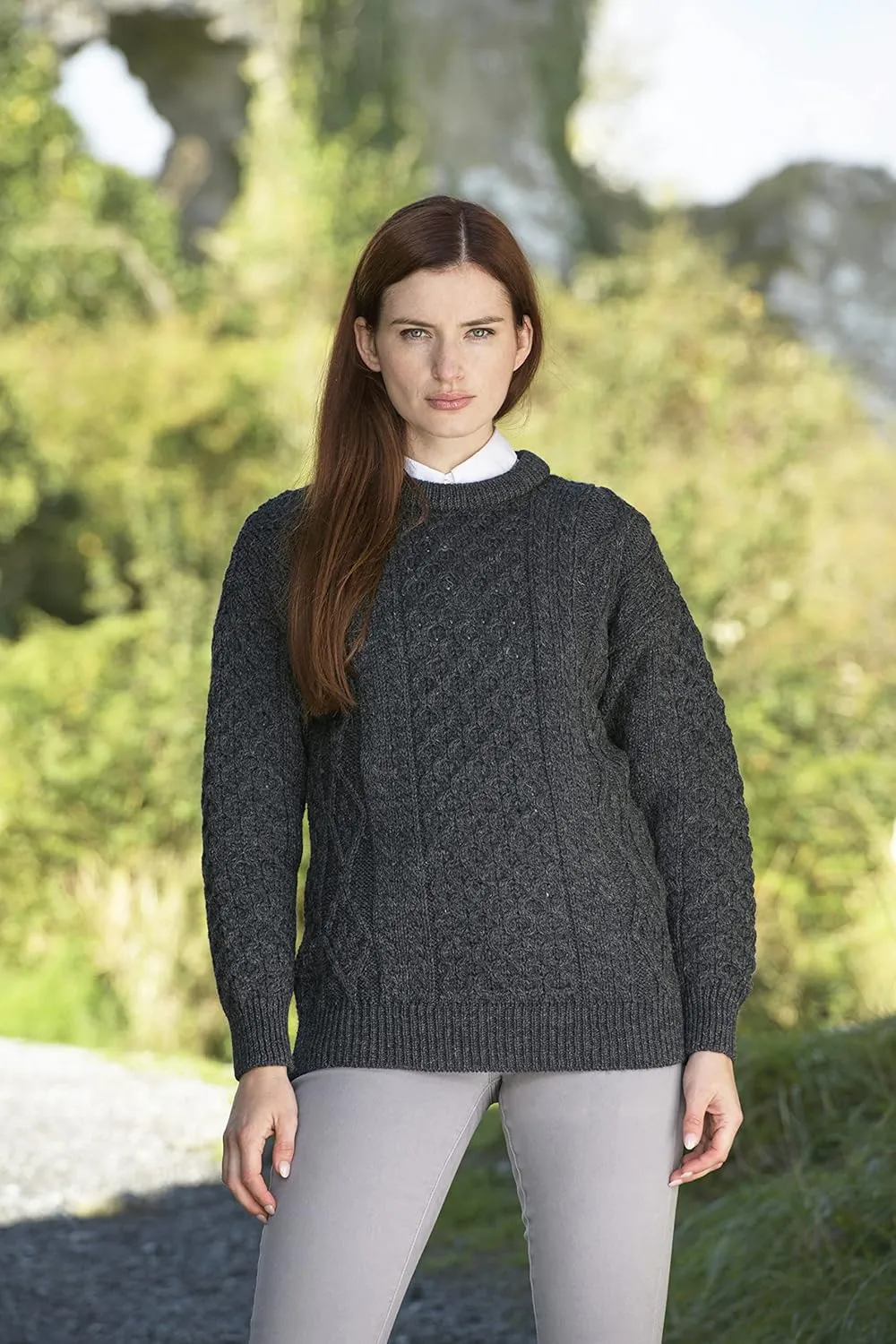 Aran Crafts Irish Soft Cable Knitted Crew Neck Unisex Sweater (100% Pure New Wool)