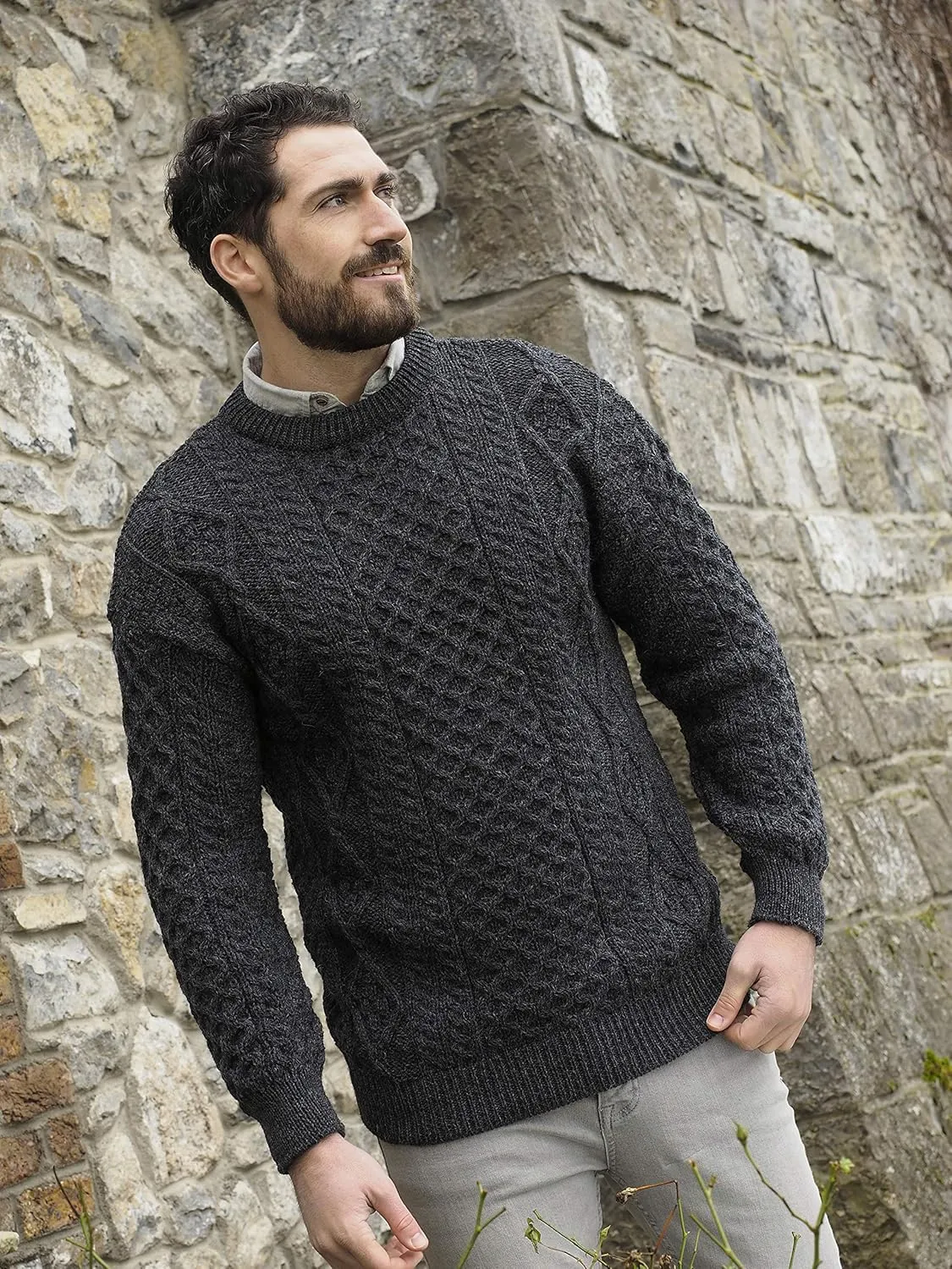 Aran Crafts Irish Soft Cable Knitted Crew Neck Unisex Sweater (100% Pure New Wool)