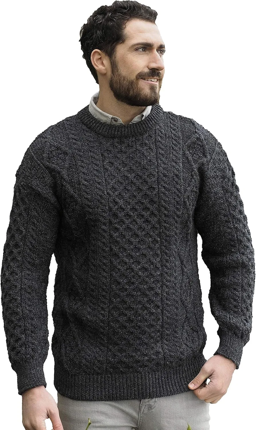 Aran Crafts Irish Soft Cable Knitted Crew Neck Unisex Sweater (100% Pure New Wool)