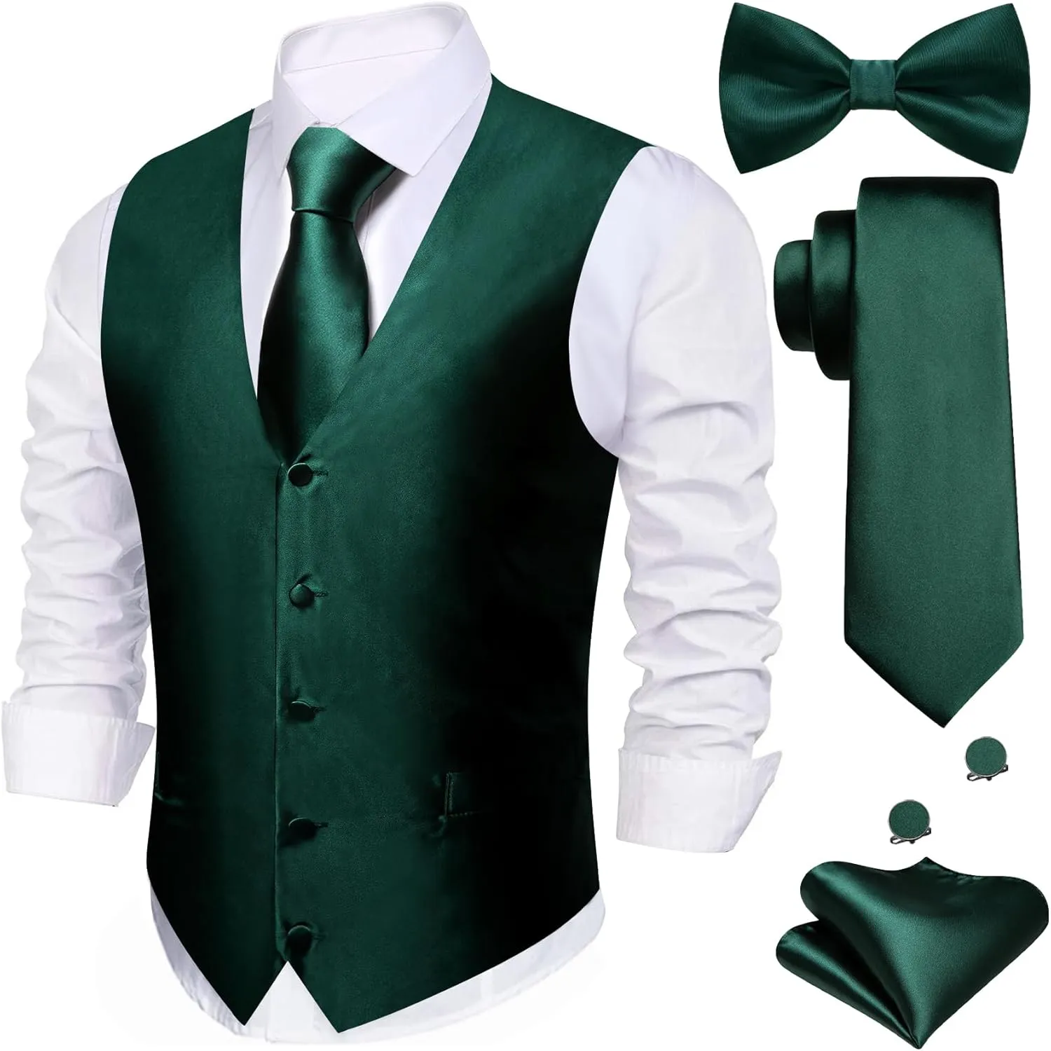 Barry.Wang Men's Suit Vest Tie and Bow Tie Set Formal Solid Paisley Handkerchief Cufflink Woven Wedding Party Waistcoat