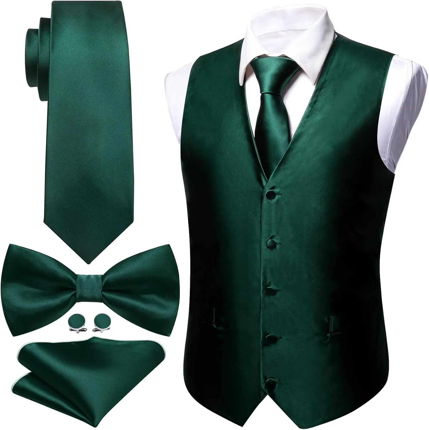 Barry.Wang Men's Suit Vest Tie and Bow Tie Set Formal Solid Paisley Handkerchief Cufflink Woven Wedding Party Waistcoat