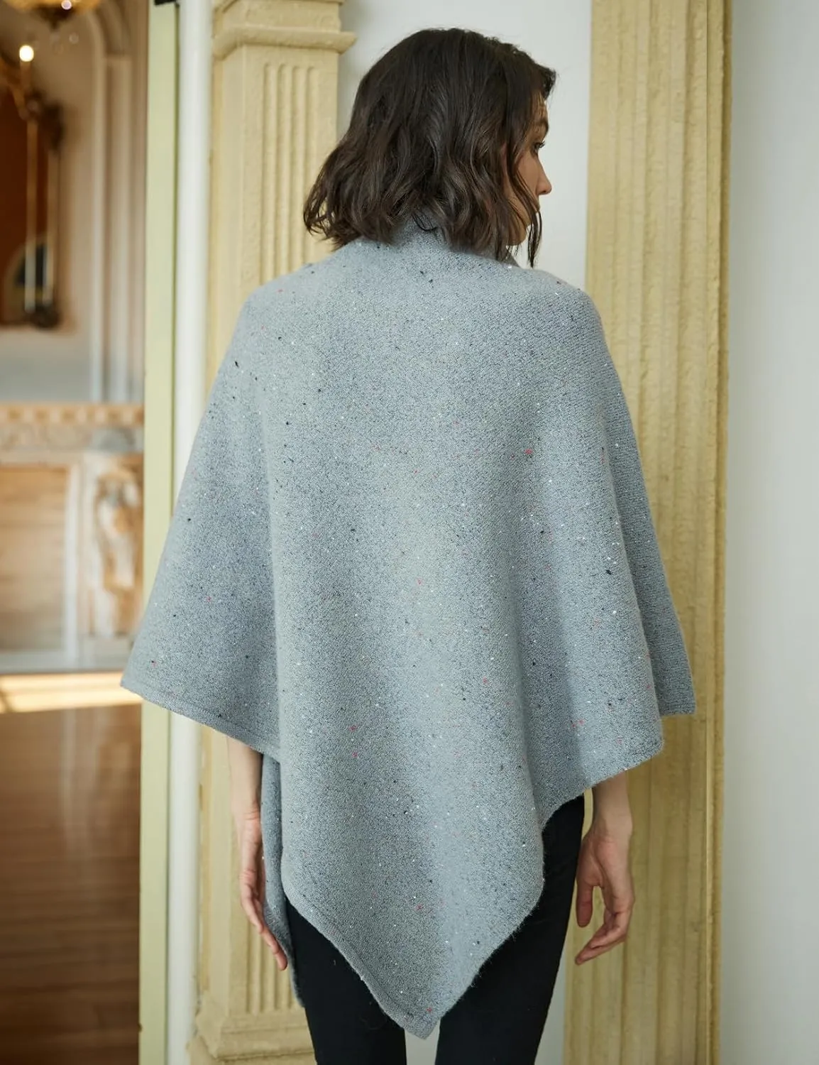 BEAUTELICATE Women Wool Poncho Knitted Tweed Wool Sweater Pullover Pile Collar Cape