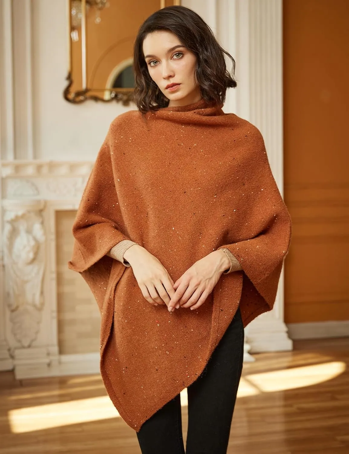 BEAUTELICATE Women Wool Poncho Knitted Tweed Wool Sweater Pullover Pile Collar Cape