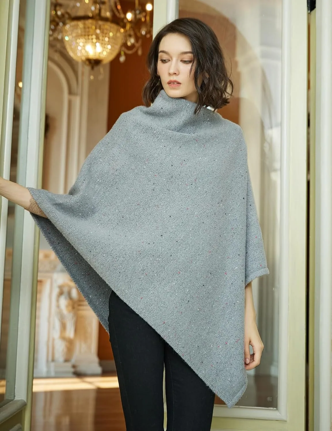BEAUTELICATE Women Wool Poncho Knitted Tweed Wool Sweater Pullover Pile Collar Cape