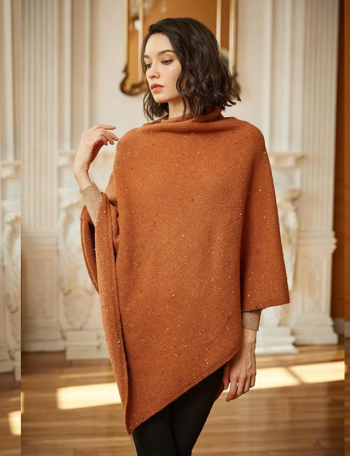 BEAUTELICATE Women Wool Poncho Knitted Tweed Wool Sweater Pullover Pile Collar Cape
