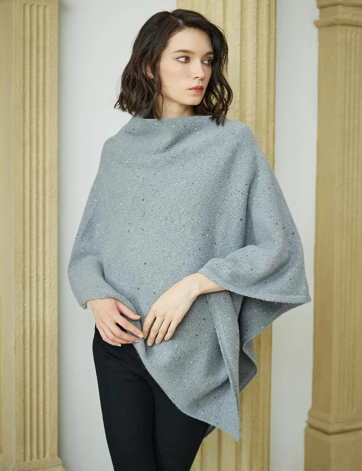 BEAUTELICATE Women Wool Poncho Knitted Tweed Wool Sweater Pullover Pile Collar Cape