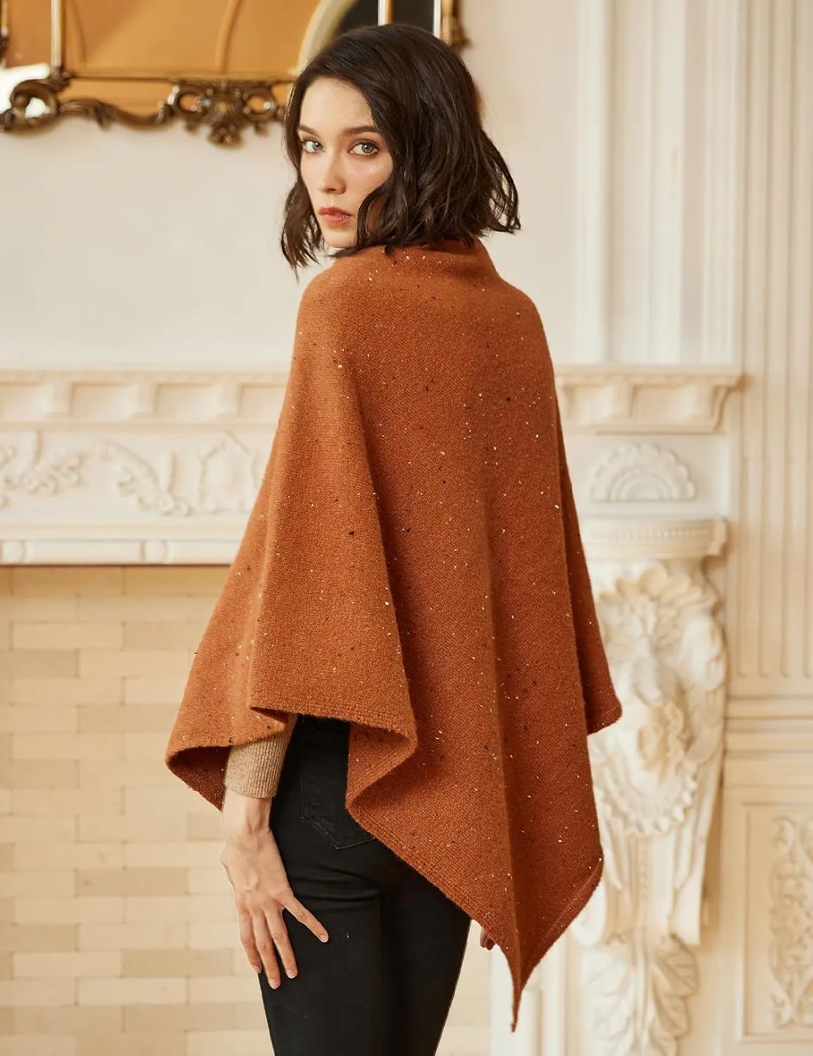 BEAUTELICATE Women Wool Poncho Knitted Tweed Wool Sweater Pullover Pile Collar Cape