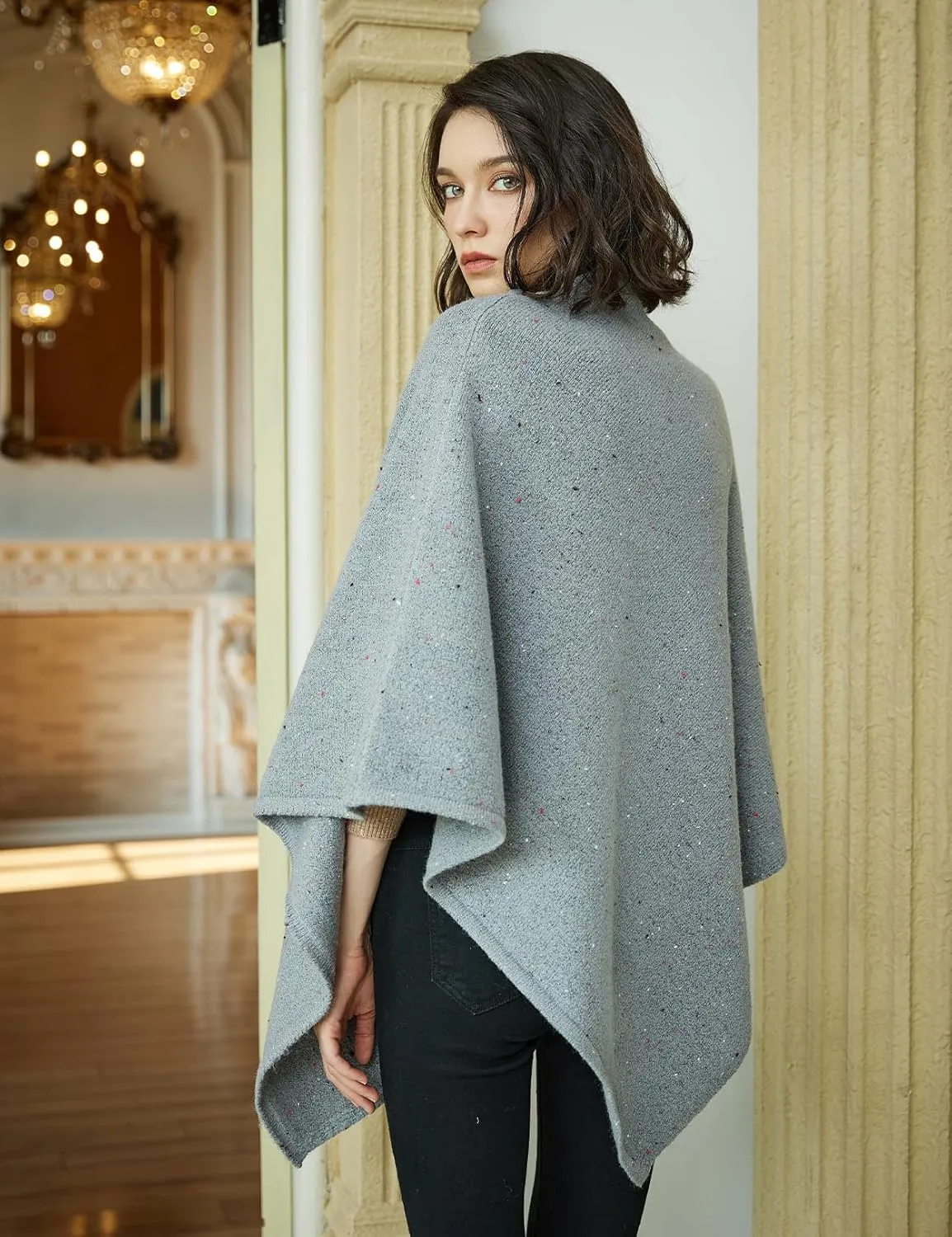 BEAUTELICATE Women Wool Poncho Knitted Tweed Wool Sweater Pullover Pile Collar Cape