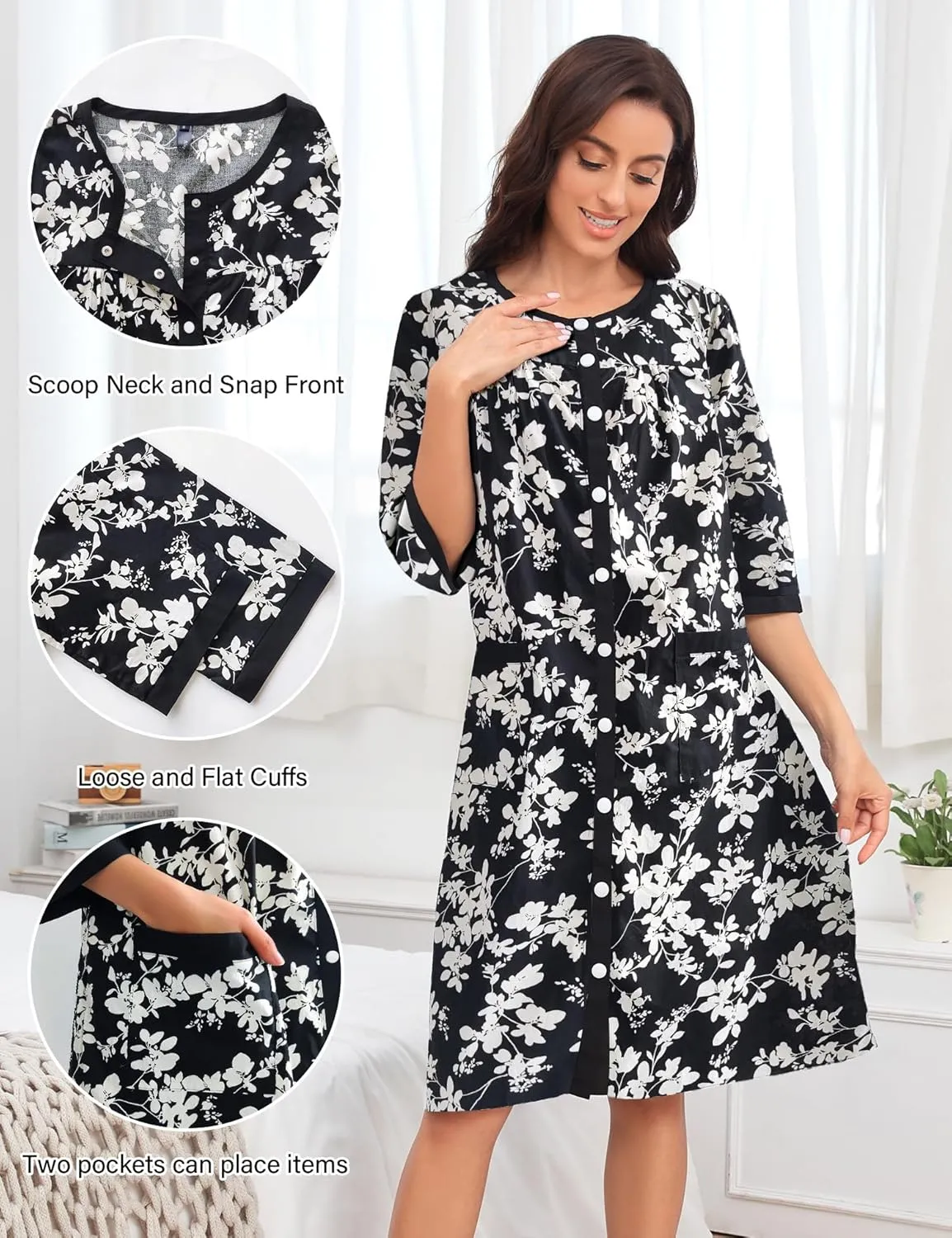 Bloggerlove House Dress Women Cotton Snap Front Nightgown 3/4 Sleeve Housecoat Duster Robe with Pockets Moomoo Patio Dress