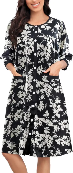 Bloggerlove House Dress Women Cotton Snap Front Nightgown 3/4 Sleeve Housecoat Duster Robe with Pockets Moomoo Patio Dress