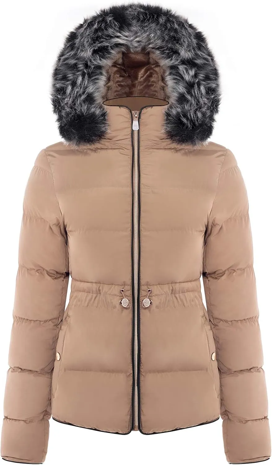 BodiLove Women's Everyday Warm Winter Quilted Puffer Short Coat High Collar Jacket with Removable Faux Fur Hood Zipper Vegan Leather Piping Water Resistent Camel M