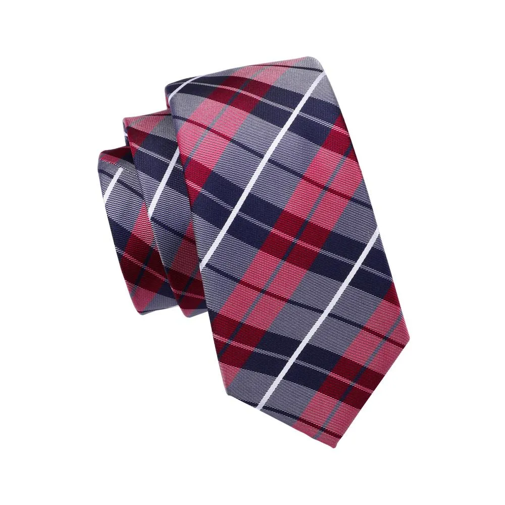 Classic Campus Style Blue Red Plaid Men's Tie Pocket Square Cufflinks Set