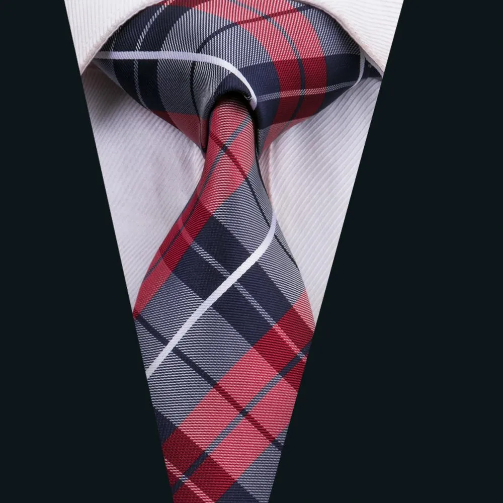 Classic Campus Style Blue Red Plaid Men's Tie Pocket Square Cufflinks Set