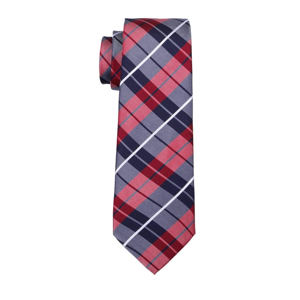Classic Campus Style Blue Red Plaid Men's Tie Pocket Square Cufflinks Set