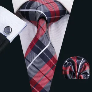 Classic Campus Style Blue Red Plaid Men's Tie Pocket Square Cufflinks Set