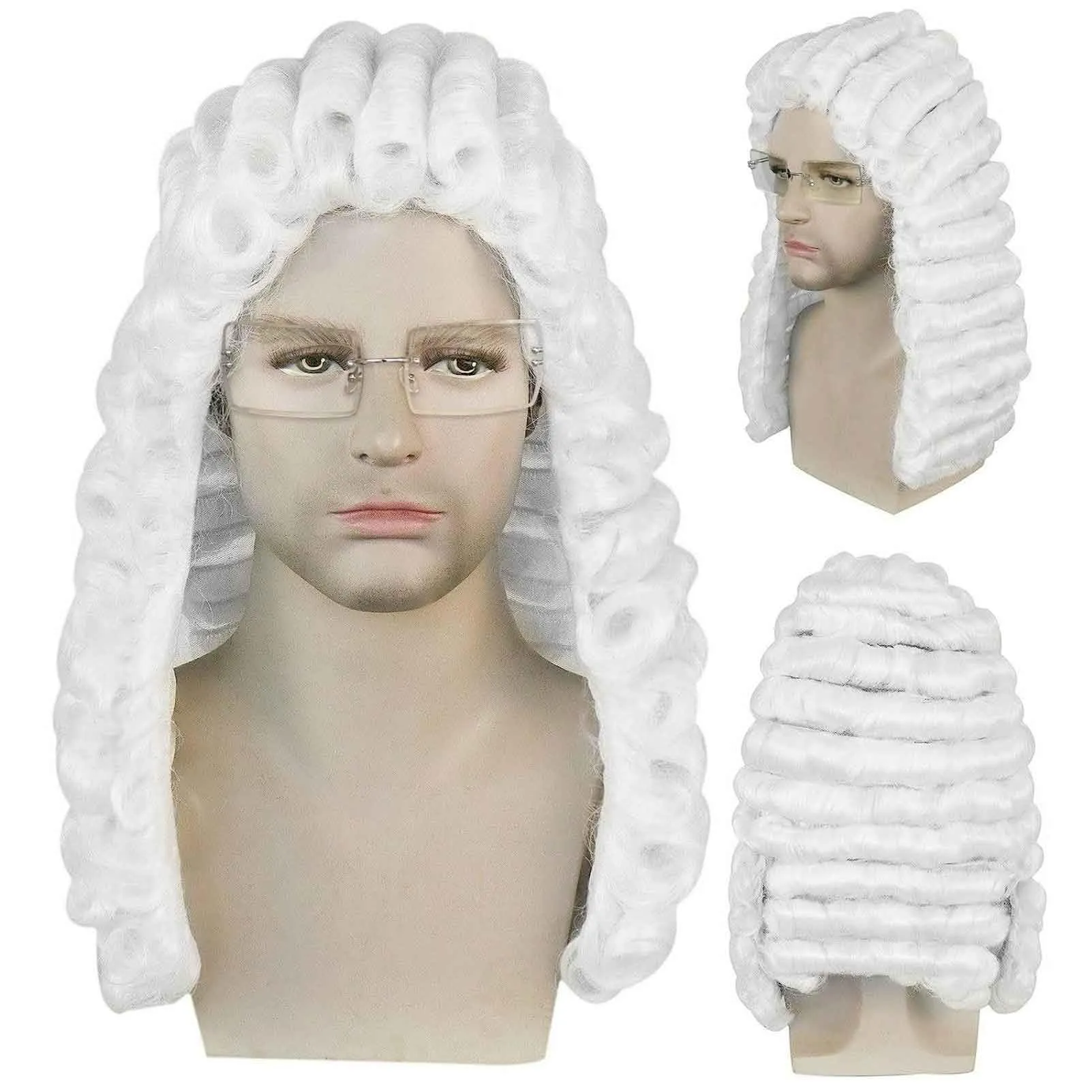 Ebingoo White Judge Wig   Glasses   Wig Cap Judge Colonial Wig Adult Judge Costume Accessories White Lawyer Wig for Men Halloween Party Costume Cosplay