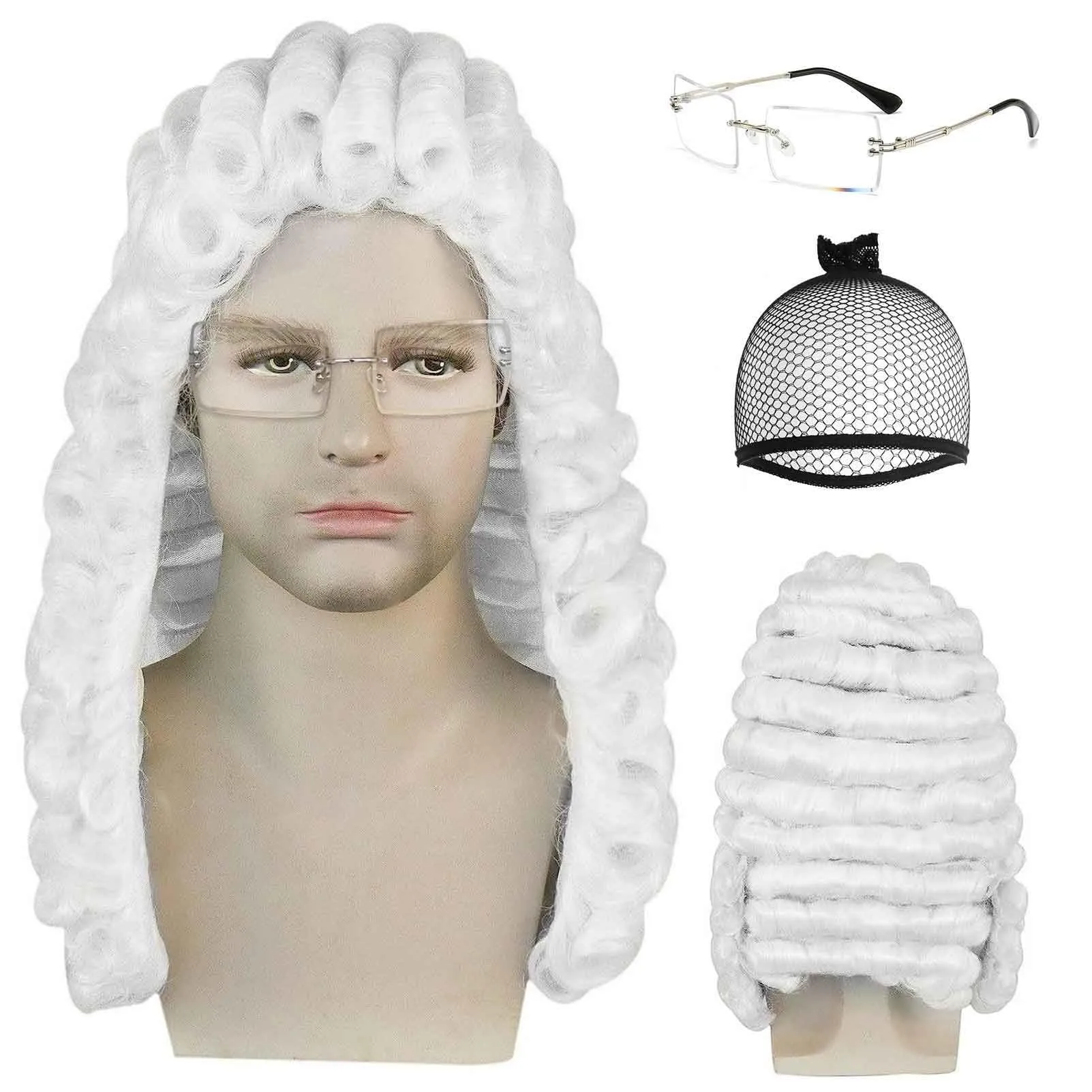 Ebingoo White Judge Wig   Glasses   Wig Cap Judge Colonial Wig Adult Judge Costume Accessories White Lawyer Wig for Men Halloween Party Costume Cosplay