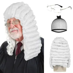 Ebingoo White Judge Wig   Glasses   Wig Cap Judge Colonial Wig Adult Judge Costume Accessories White Lawyer Wig for Men Halloween Party Costume Cosplay