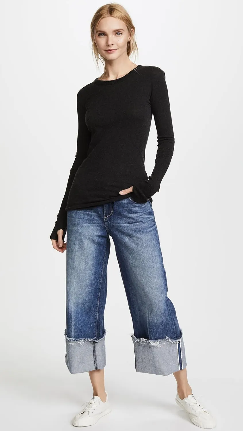 Enza Costa Womens Cashmere Blend Cuffed Crew Top with Thumbholes