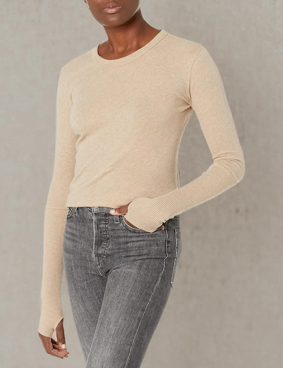 Enza Costa Womens Cashmere Blend Cuffed Crew Top with Thumbholes