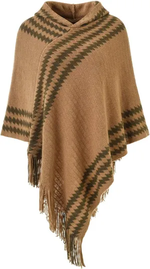 Ferand Women's Cozy Zigzag Poncho Sweater Lightweight Fringe Cape Cloak with Hood