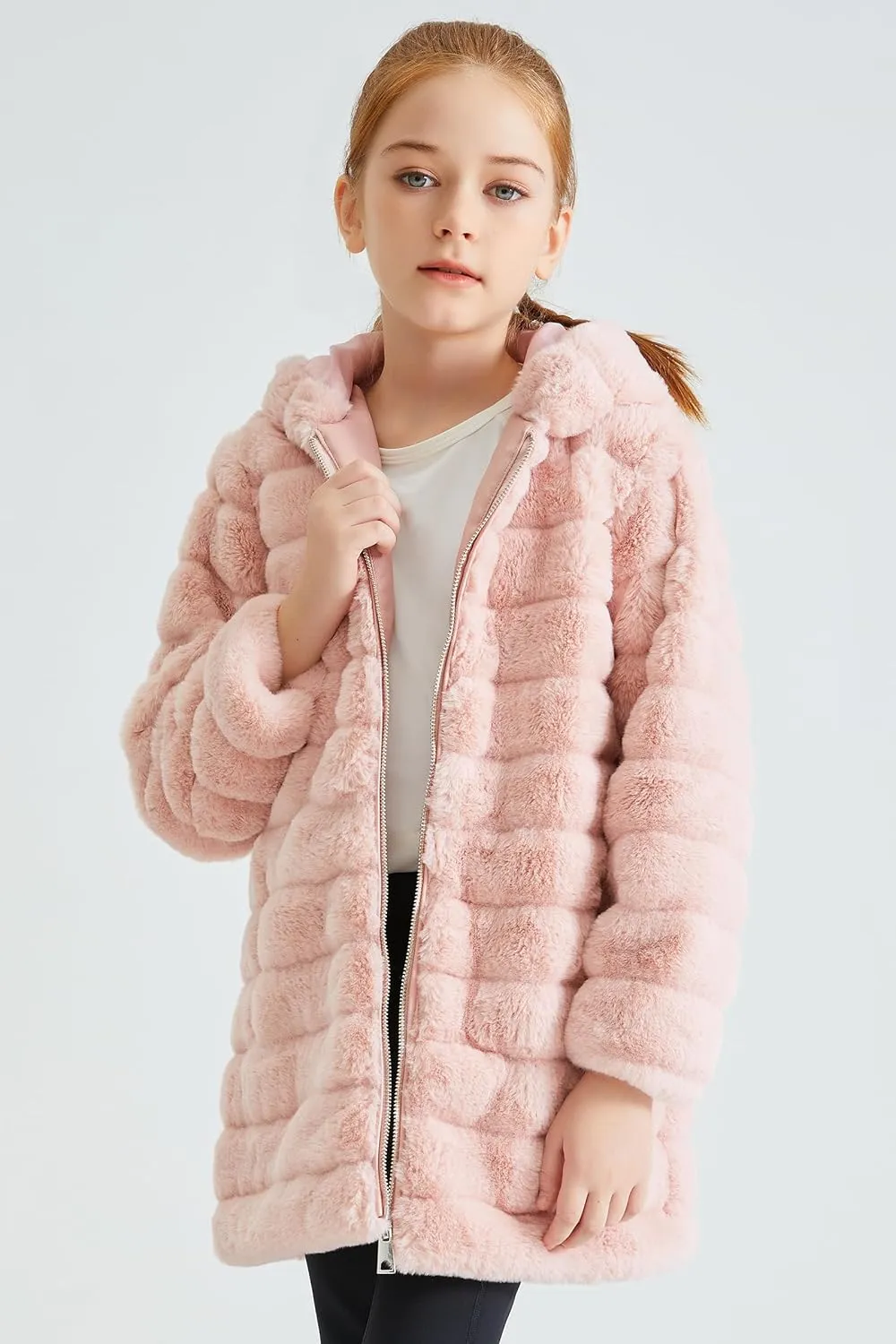 Giolshon Girls Faux Fur Fleece Jacket Sherpa Fuzzy Hoodie Winter Coat with Full Zip Fluffy Outerwear 2169