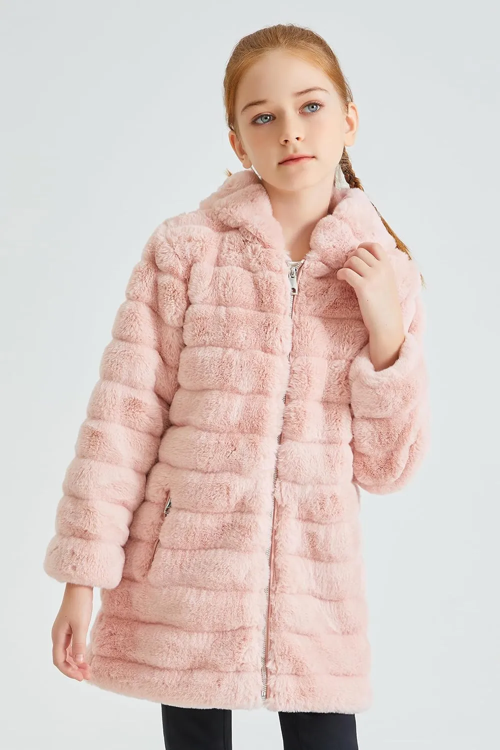 Giolshon Girls Faux Fur Fleece Jacket Sherpa Fuzzy Hoodie Winter Coat with Full Zip Fluffy Outerwear 2169