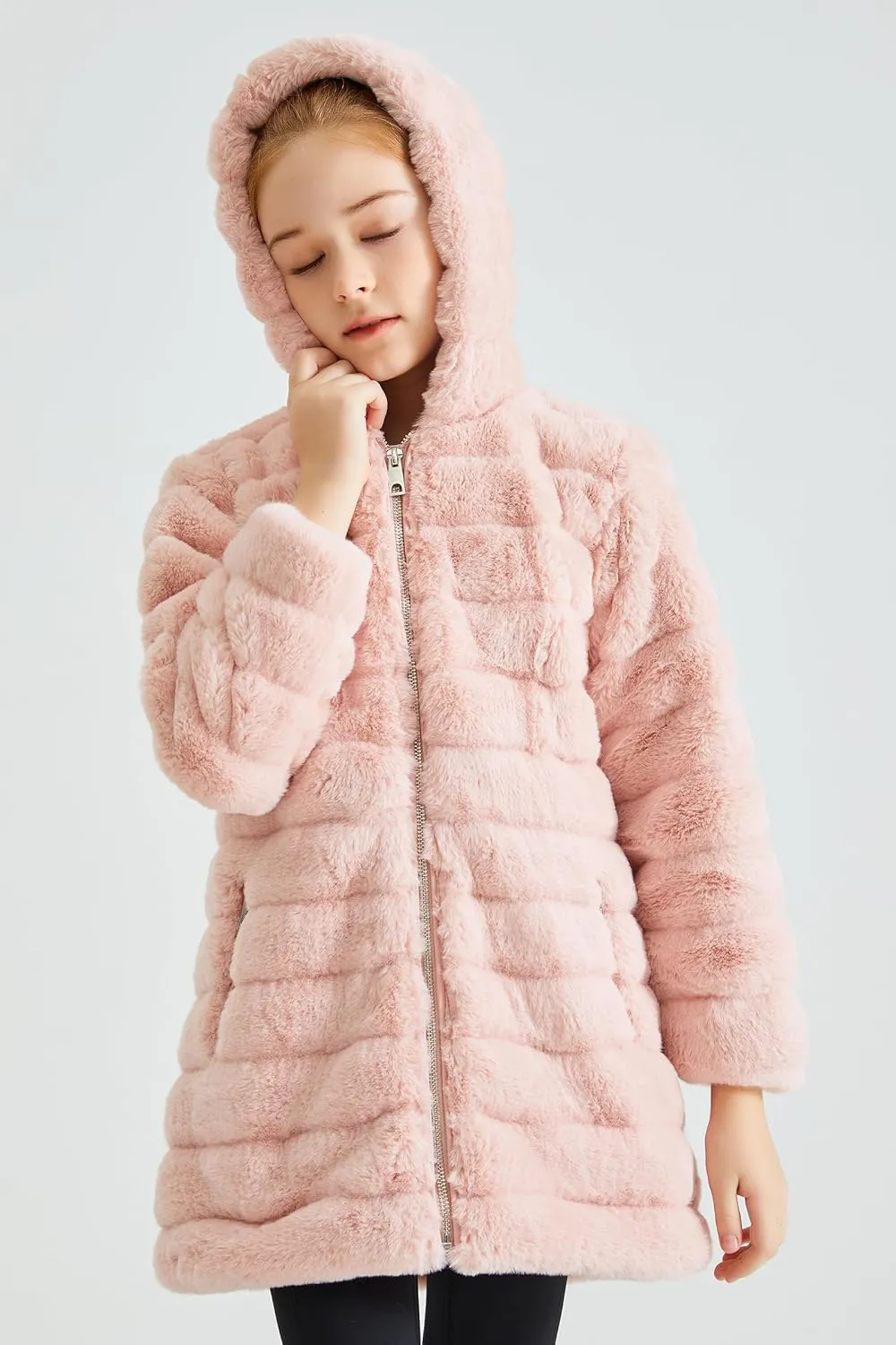 Giolshon Girls Faux Fur Fleece Jacket Sherpa Fuzzy Hoodie Winter Coat with Full Zip Fluffy Outerwear 2169