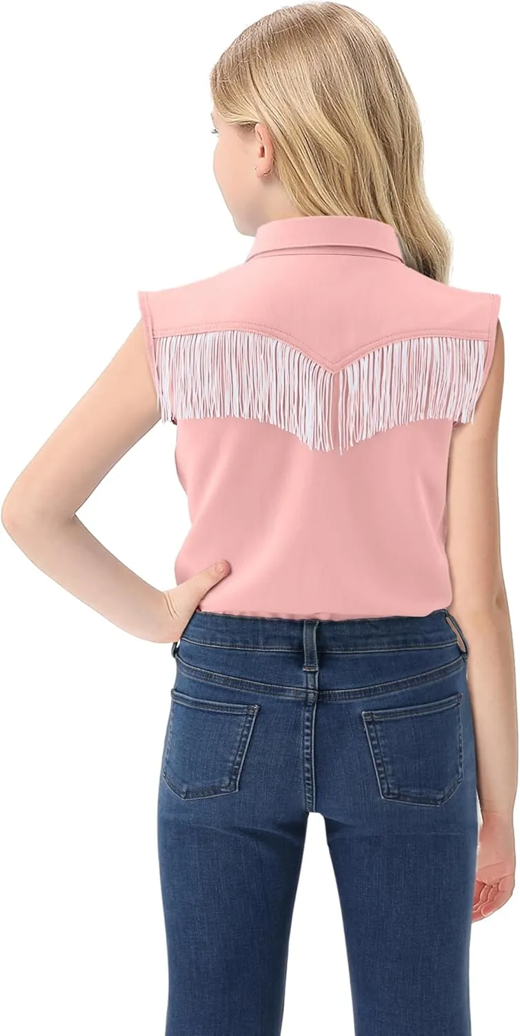Girls Fringe Shirt Sleeveless Button Down Western Cowgirl Tassel Trim Casual Blouse Shirt Top 4-13Y