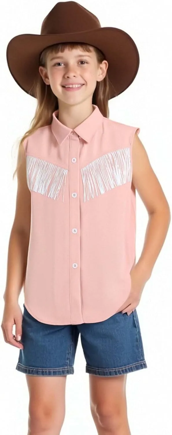 Girls Fringe Shirt Sleeveless Button Down Western Cowgirl Tassel Trim Casual Blouse Shirt Top 4-13Y