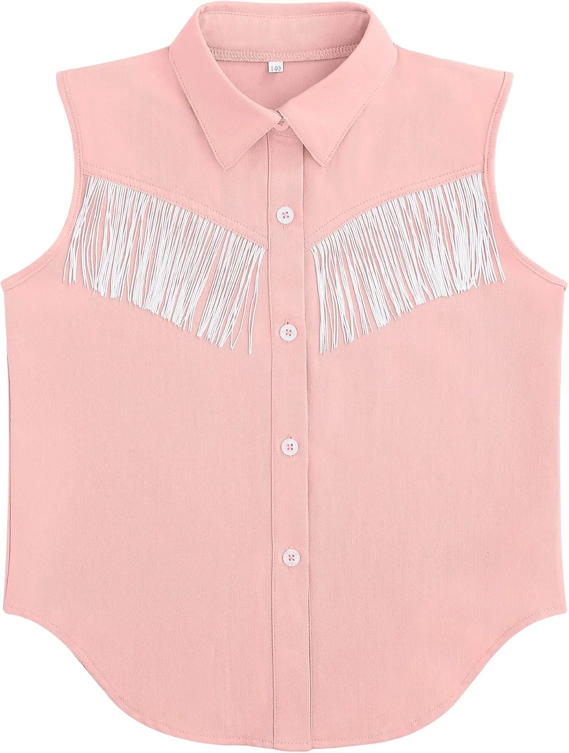Girls Fringe Shirt Sleeveless Button Down Western Cowgirl Tassel Trim Casual Blouse Shirt Top 4-13Y