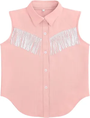 Girls Fringe Shirt Sleeveless Button Down Western Cowgirl Tassel Trim Casual Blouse Shirt Top 4-13Y