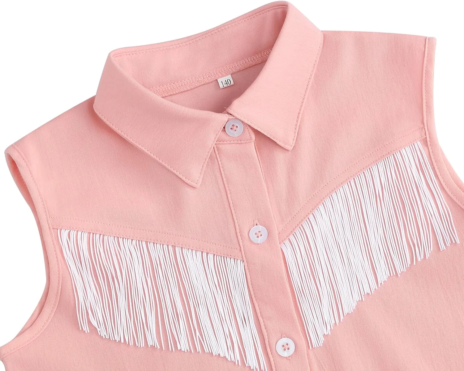 Girls Fringe Shirt Sleeveless Button Down Western Cowgirl Tassel Trim Casual Blouse Shirt Top 4-13Y