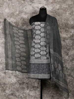 Grey Black Ivory Hand Block Printed Cotton Suit-Salwar Fabric With Chiffon Dupatta (Set of 3) - SU01HB342
