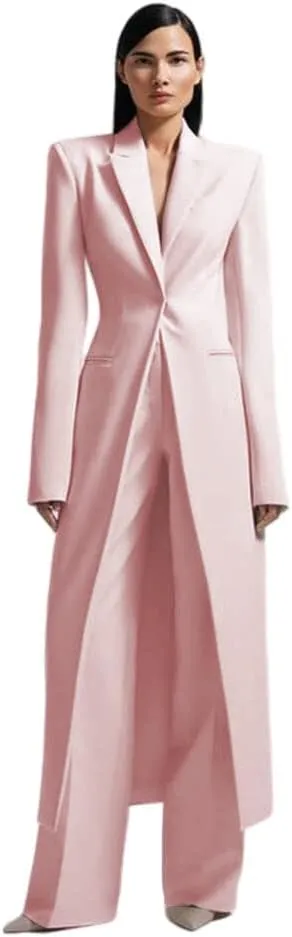 HZUOU Women's Long 2 Piece Suit Jacket Pants Slim Fit 1 Button High Street Luxury Womens Clothing Pant Set HZH17
