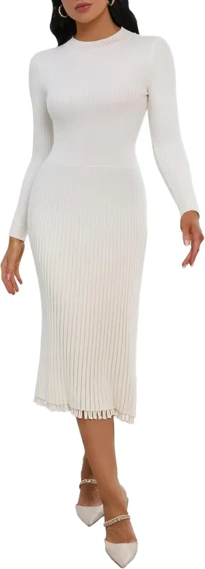 IWFEV Sweater Dress Mid-Calf Pleated Dress Long Sleeve Knit Pullover Bodycon Women's Maxi Dress