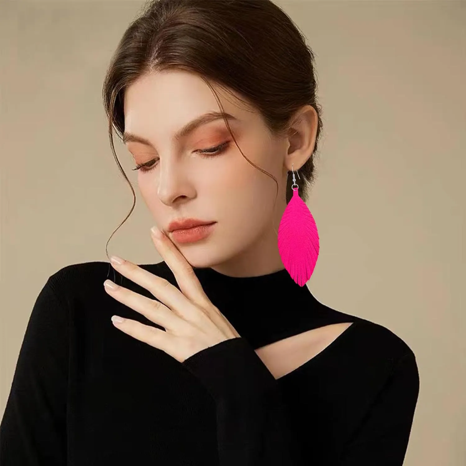 Large Genuine Soft leaf Leather Handmade Fringe Tassel Feather Lightweight Tear Drop Dangle Color Earrings for Women