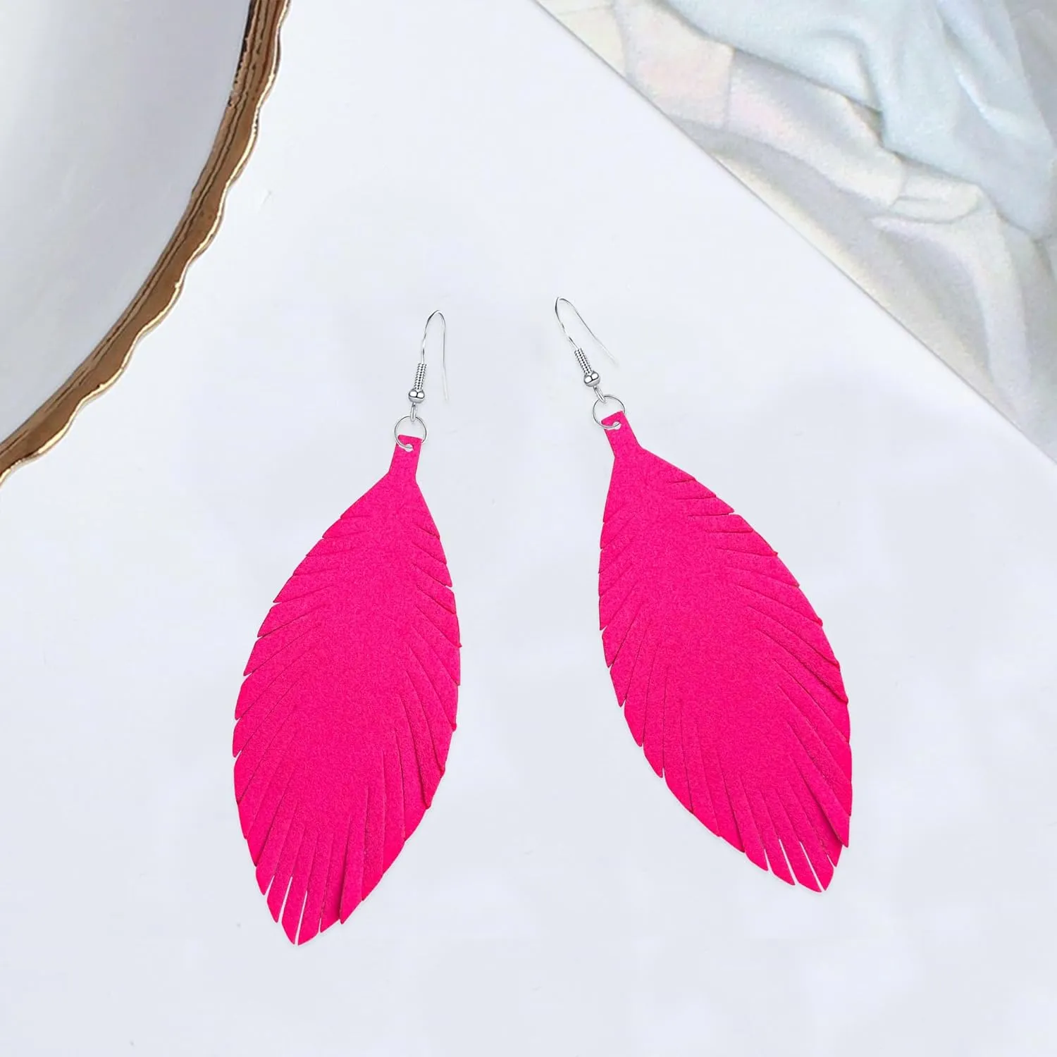 Large Genuine Soft leaf Leather Handmade Fringe Tassel Feather Lightweight Tear Drop Dangle Color Earrings for Women