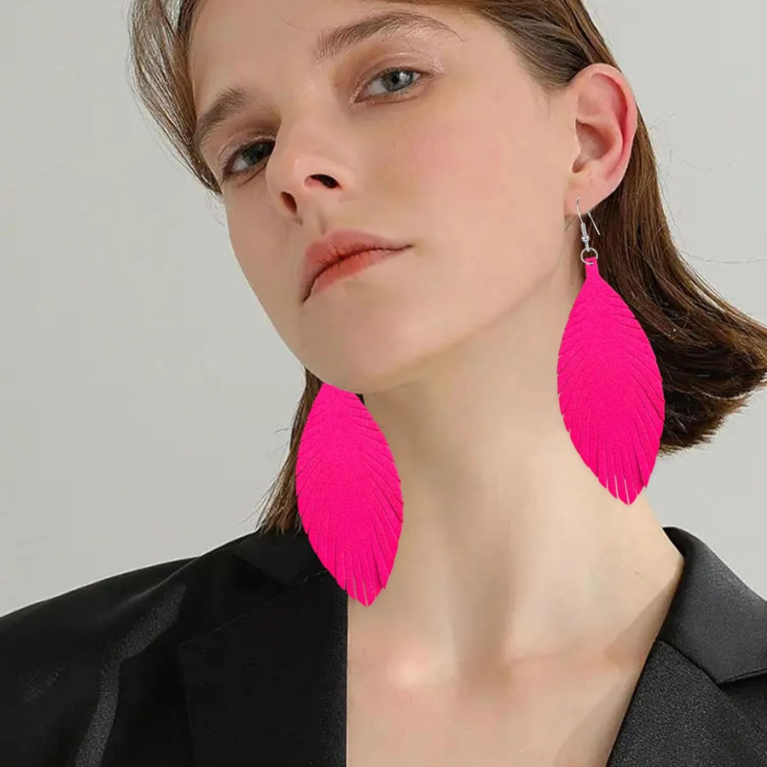 Large Genuine Soft leaf Leather Handmade Fringe Tassel Feather Lightweight Tear Drop Dangle Color Earrings for Women