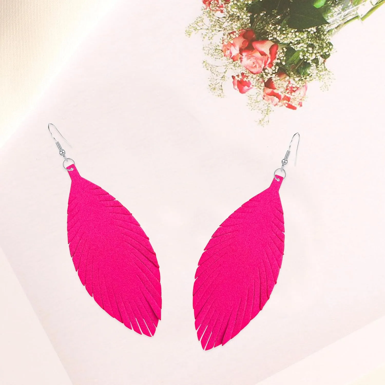 Large Genuine Soft leaf Leather Handmade Fringe Tassel Feather Lightweight Tear Drop Dangle Color Earrings for Women