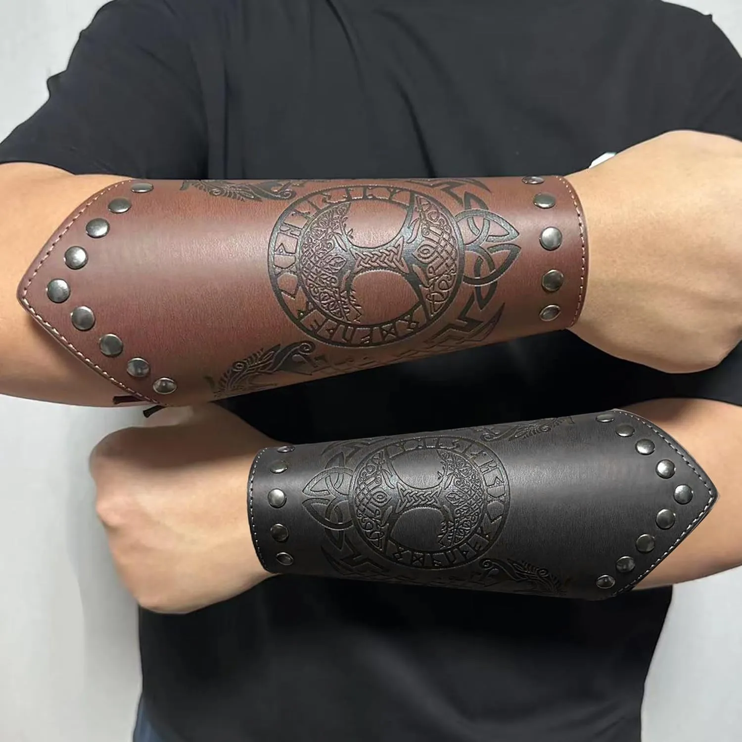 Leather Bracers Medieval for Men Viking Embossed Leather Gauntlets Armbands Costume Accessories