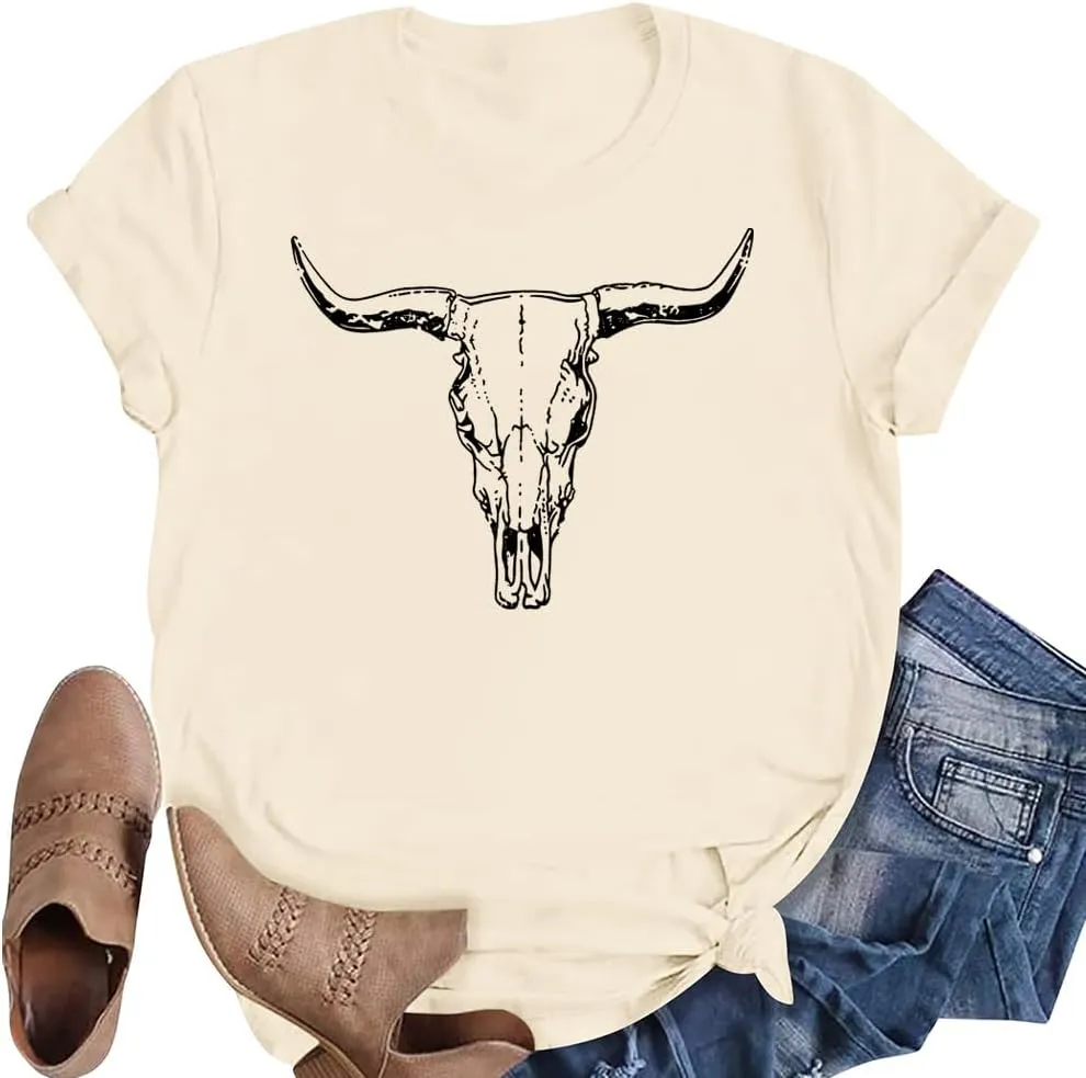 LETSEE Women's Cow Skull Western Rodeo Tops Shirt Boho Cowgirl T Shirt Short Sleeve Casual Tops Graphic Tees