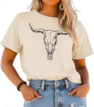 LETSEE Women's Cow Skull Western Rodeo Tops Shirt Boho Cowgirl T Shirt Short Sleeve Casual Tops Graphic Tees