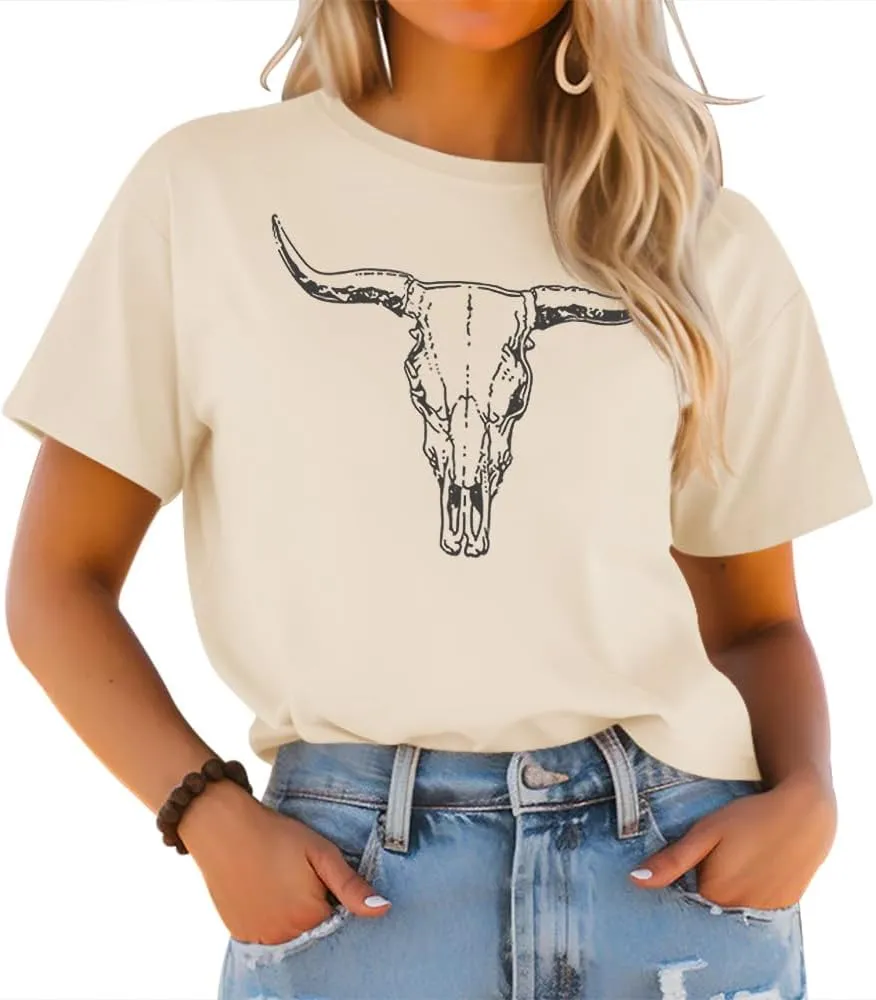 LETSEE Women's Cow Skull Western Rodeo Tops Shirt Boho Cowgirl T Shirt Short Sleeve Casual Tops Graphic Tees