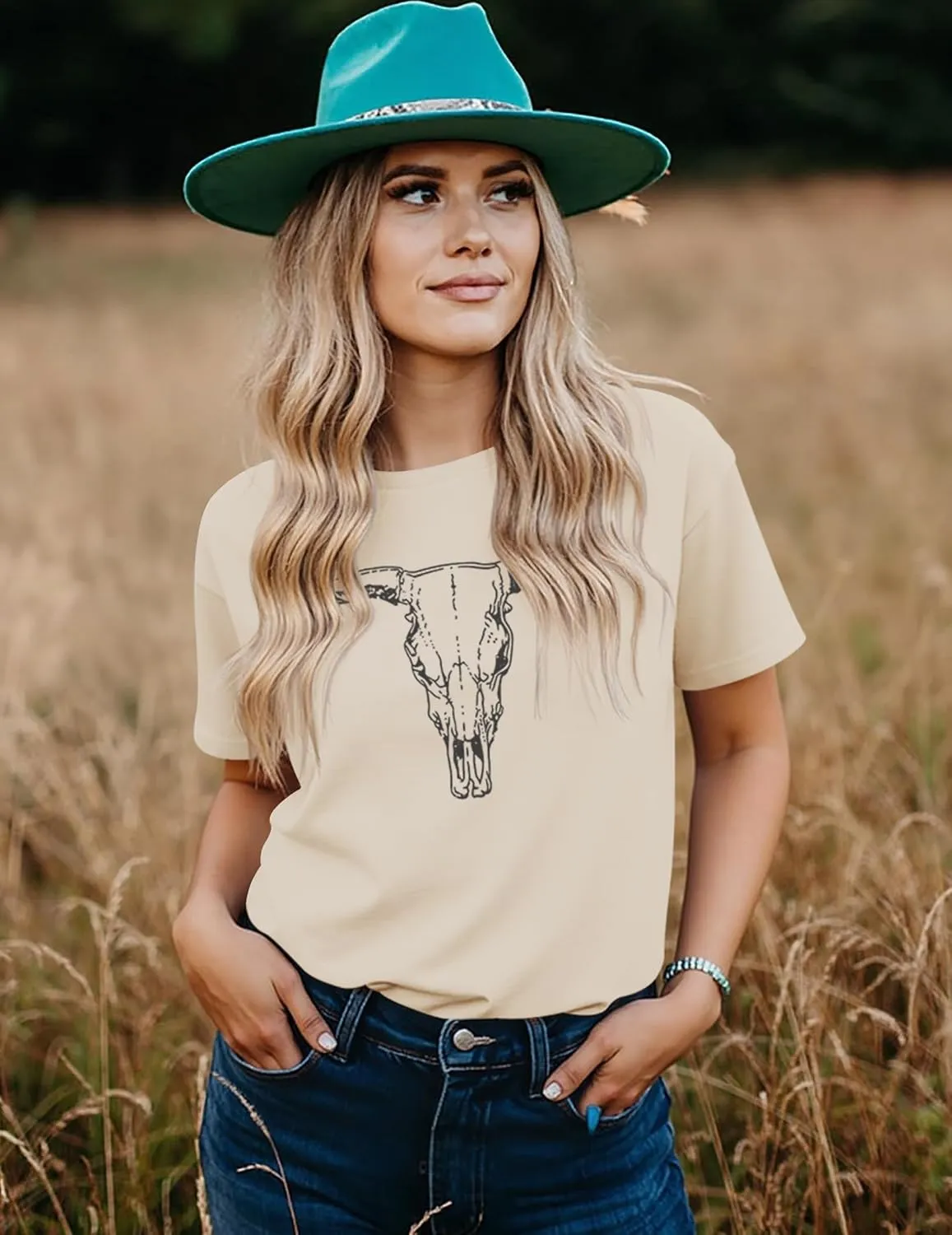 LETSEE Women's Cow Skull Western Rodeo Tops Shirt Boho Cowgirl T Shirt Short Sleeve Casual Tops Graphic Tees