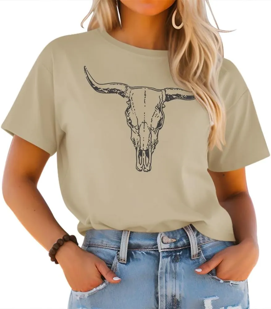 LETSEE Women's Cow Skull Western Rodeo Tops Shirt Boho Cowgirl T Shirt Short Sleeve Casual Tops Graphic Tees