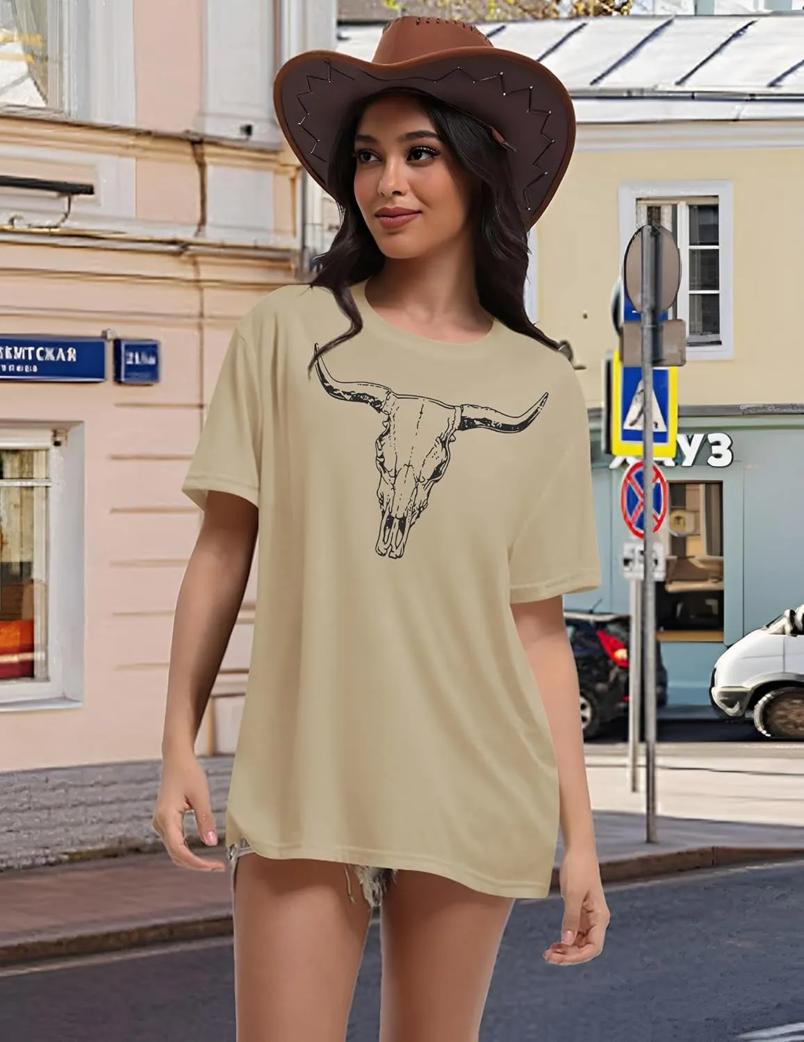 LETSEE Women's Cow Skull Western Rodeo Tops Shirt Boho Cowgirl T Shirt Short Sleeve Casual Tops Graphic Tees